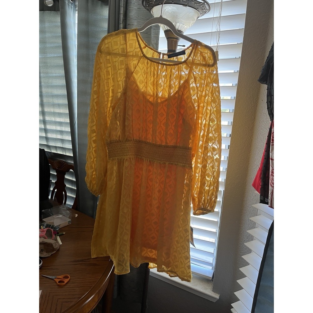 Tommy Hilfiger Yellow Sheer Lace Long Sleeve Dress Size 14